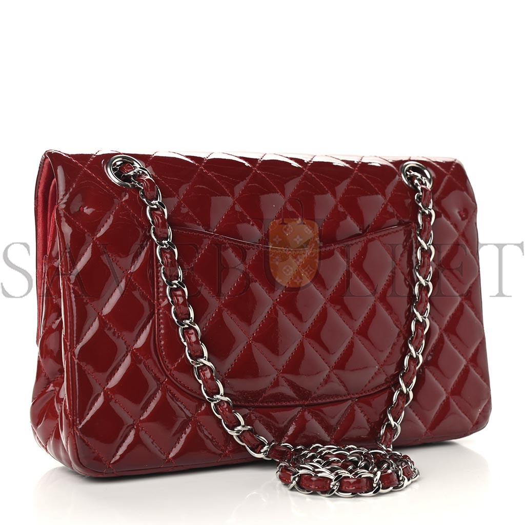 Ch*el patent calfskin quilted medium double flap dark red a01112 (25*15*6cm)